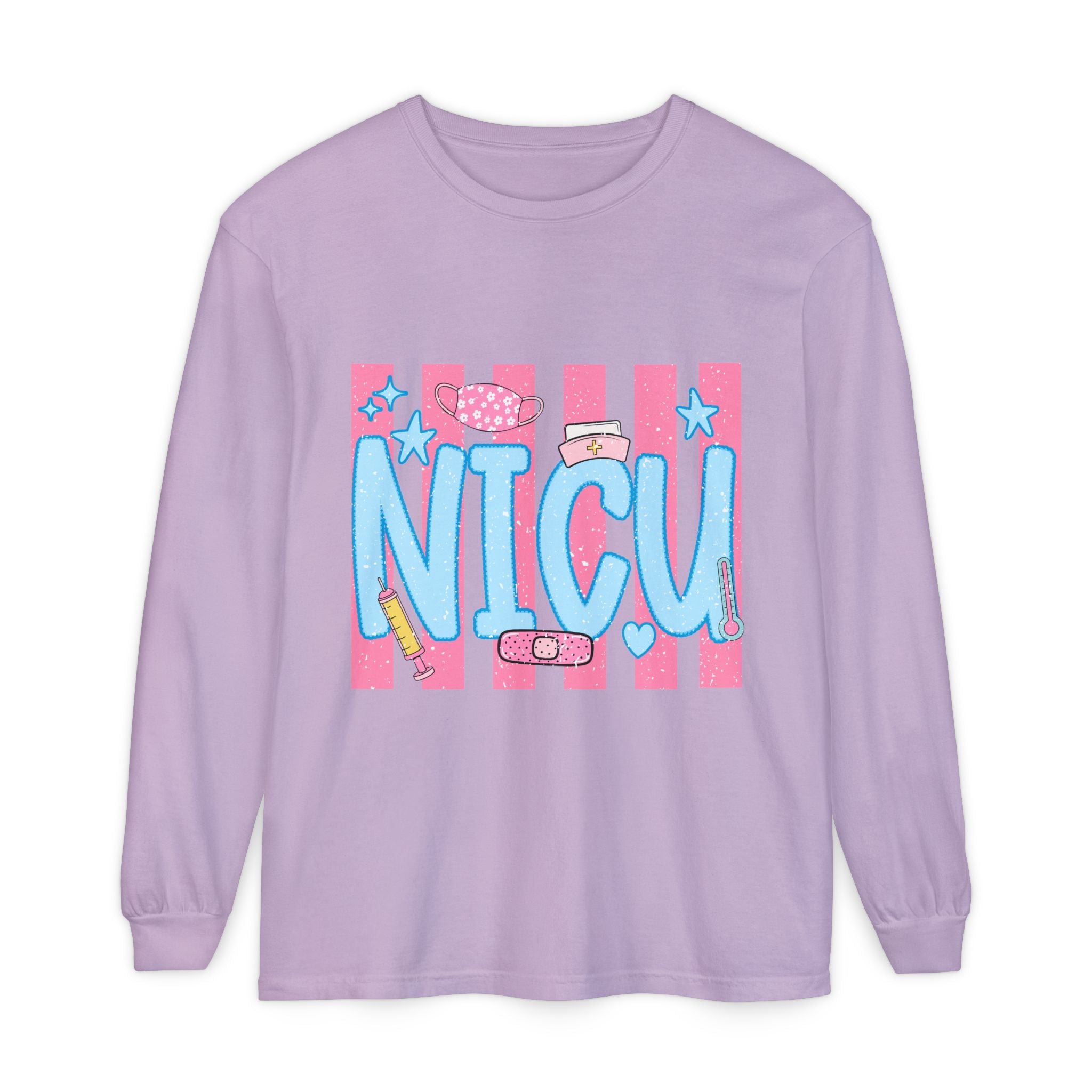 NICU Support Long Sleeve Tee — Cute Pink Stripes & Bandage Design
