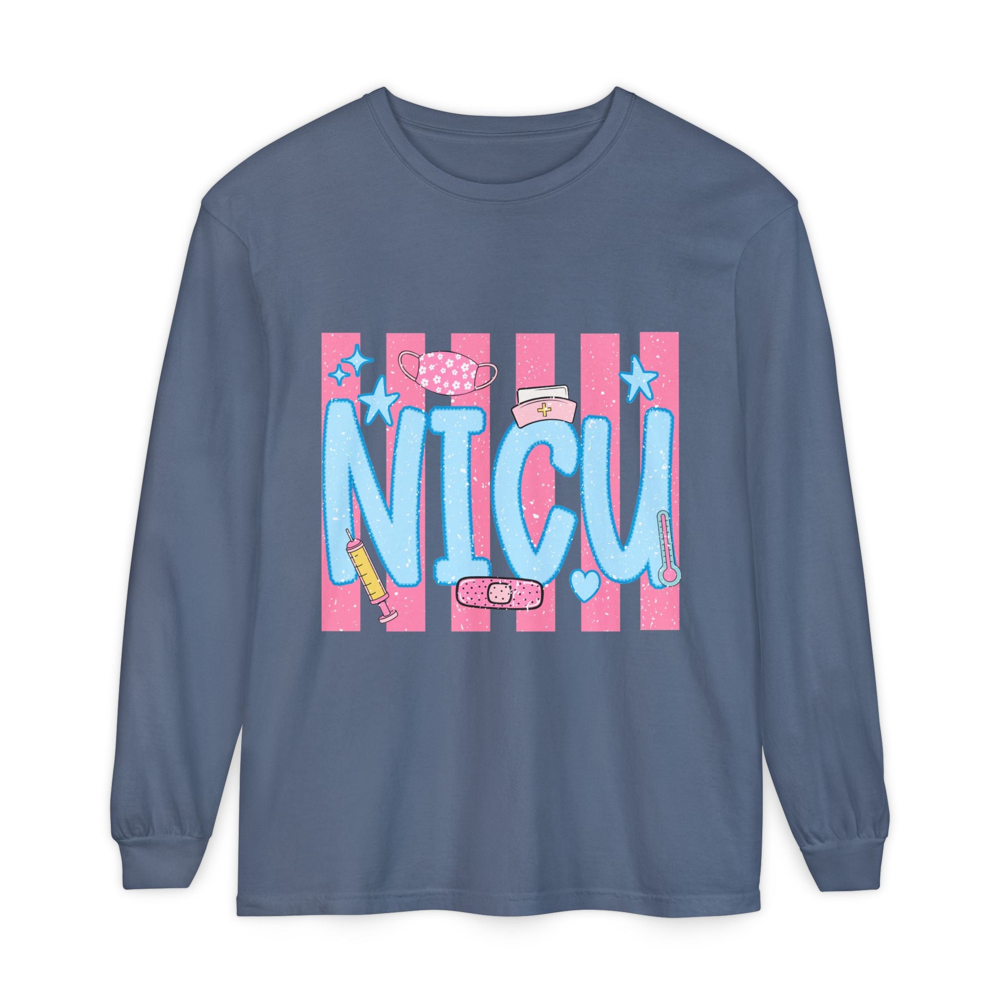 NICU Support Long Sleeve Tee — Cute Pink Stripes & Bandage Design