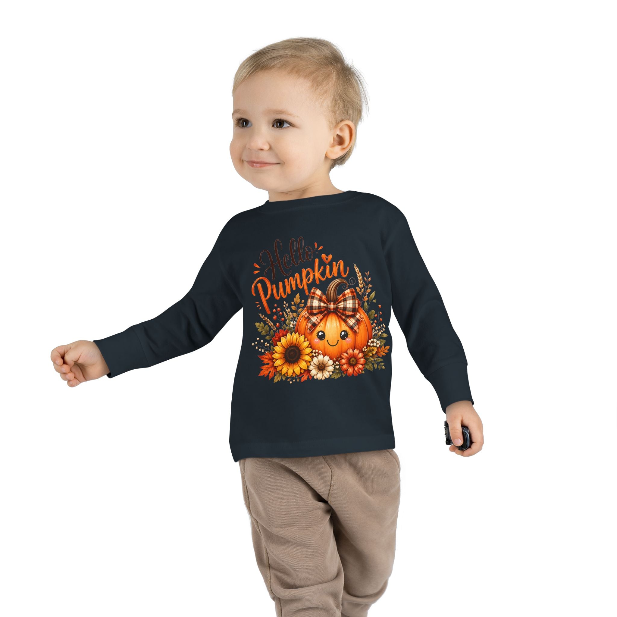 Hello Pumpkin Toddler Long Sleeve Tee — Cute Fall Pumpkin Graphic