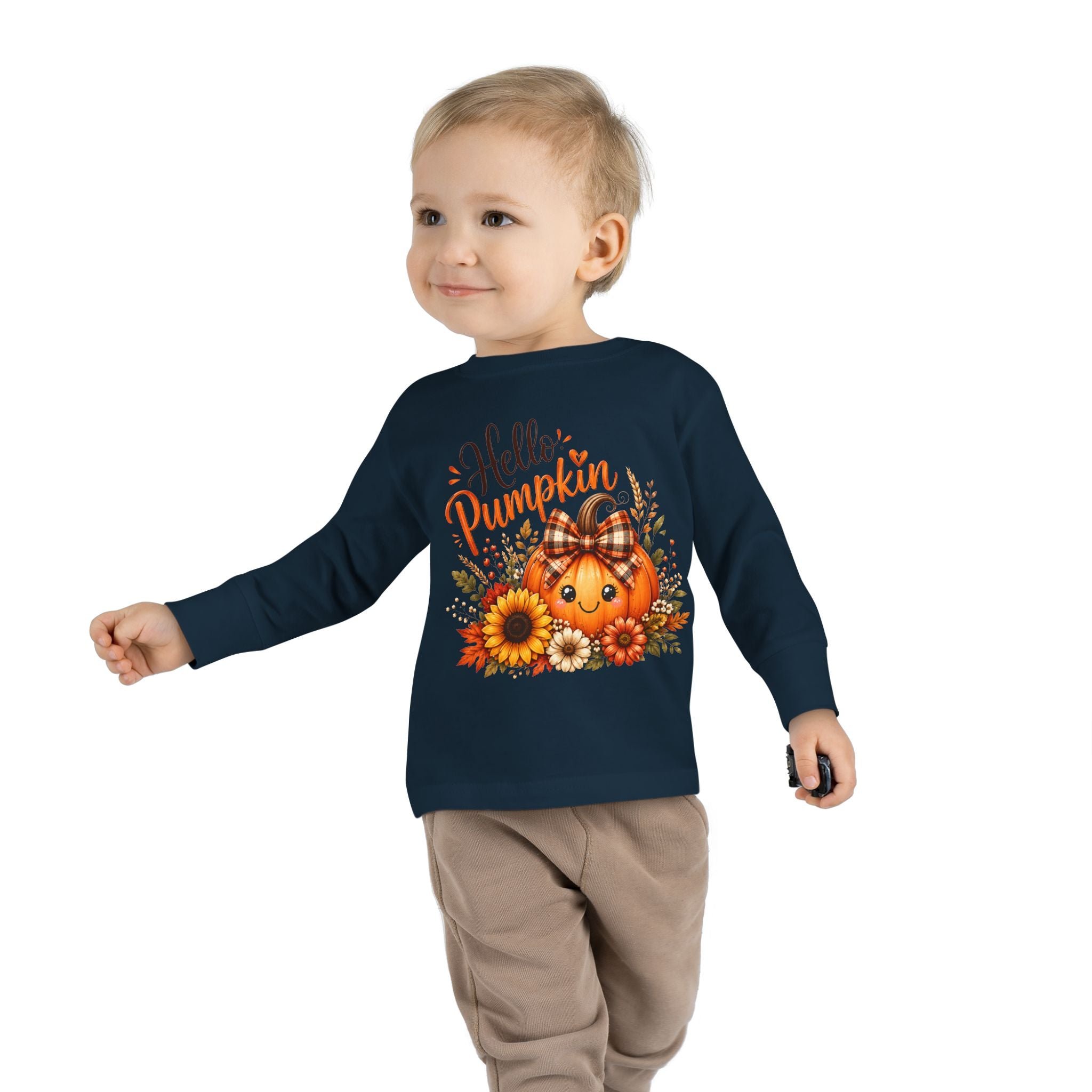 Hello Pumpkin Toddler Long Sleeve Tee — Cute Fall Pumpkin Graphic