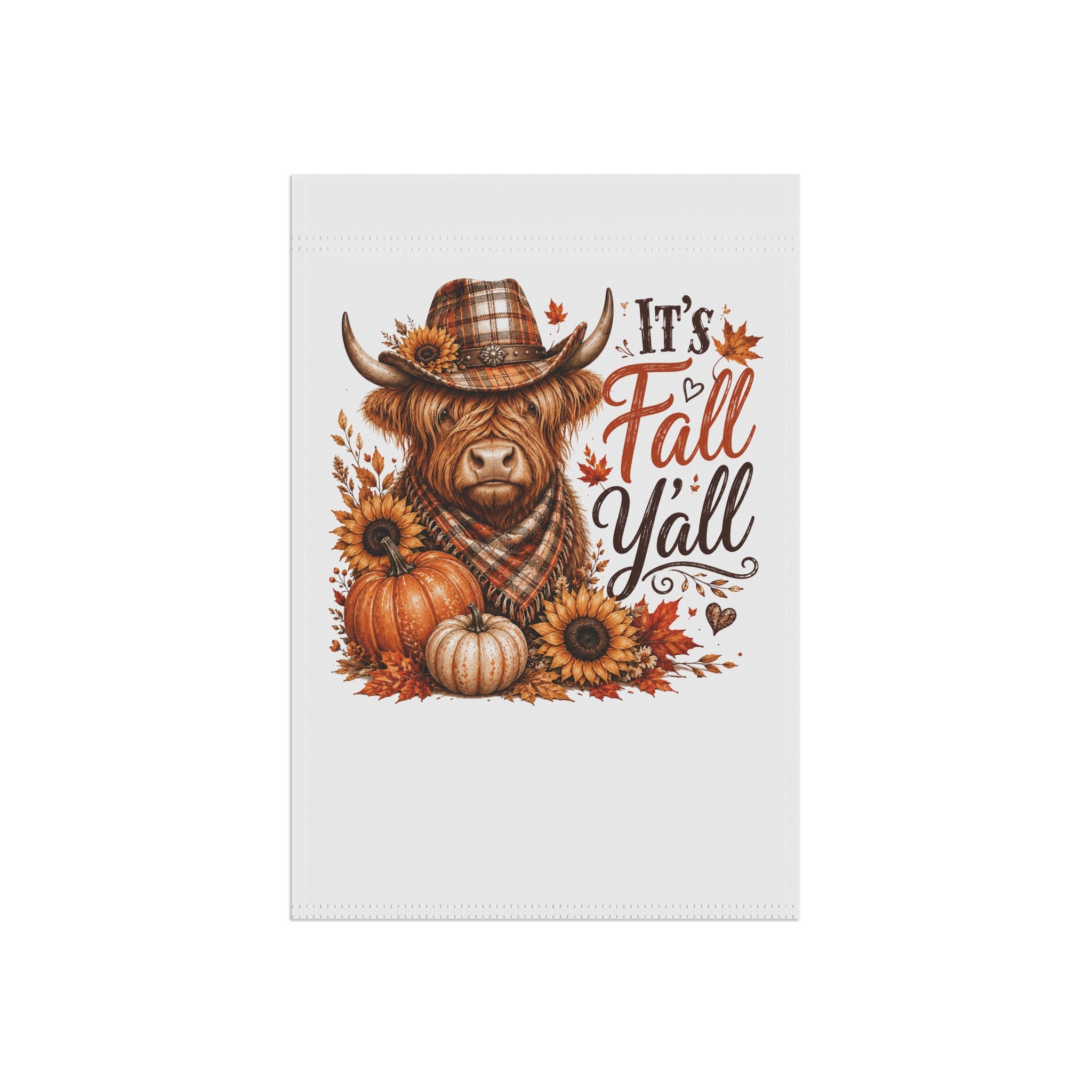 Fall Garden Flag — "It's Fall Y'all" Highland Cow Pumpkin Sunflowers Banner