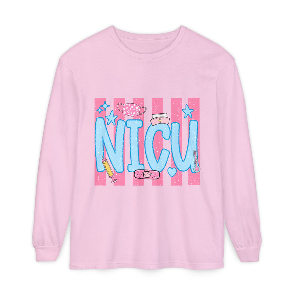 NICU Support Long Sleeve Tee — Cute Pink Stripes & Bandage Design