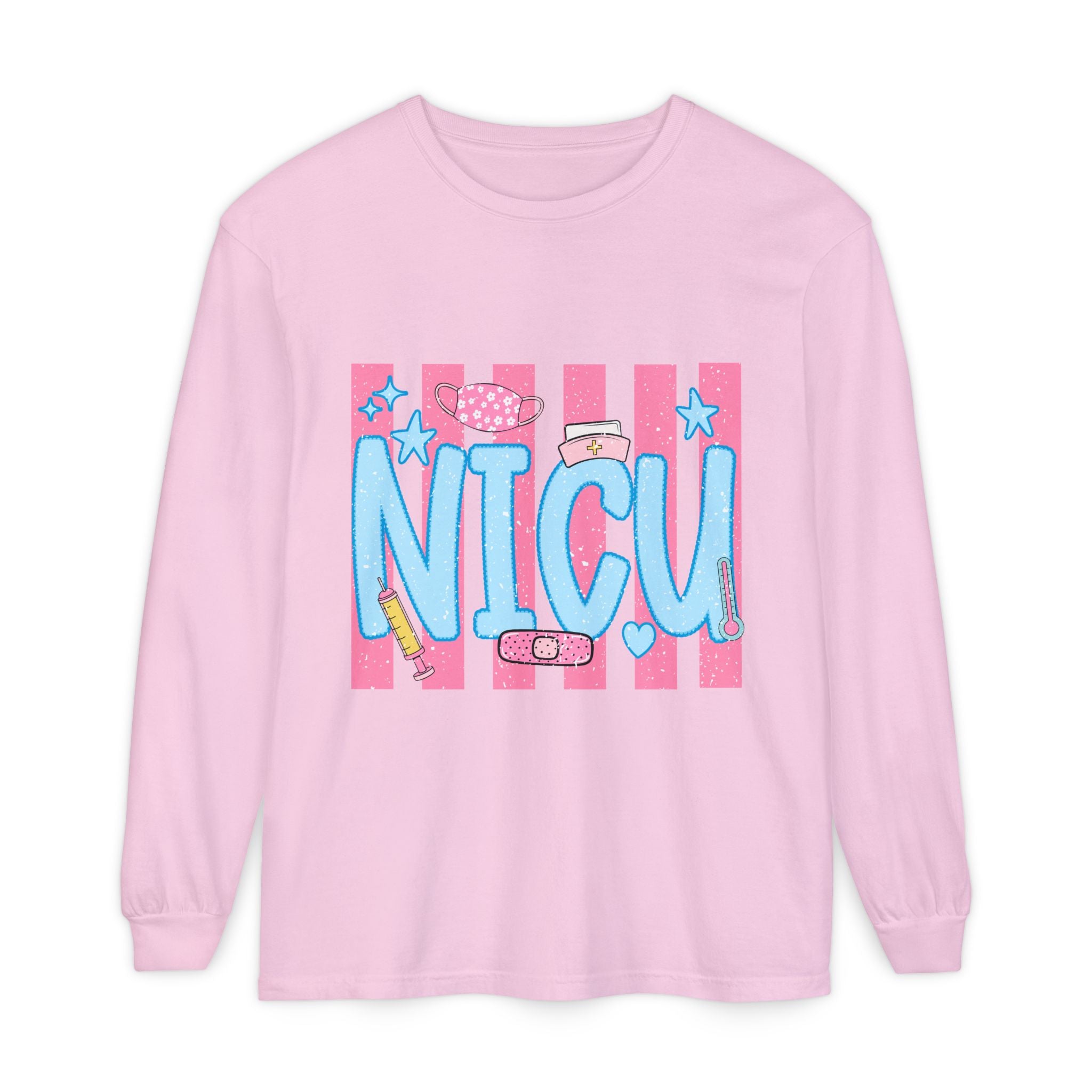 NICU Support Long Sleeve Tee — Cute Pink Stripes & Bandage Design