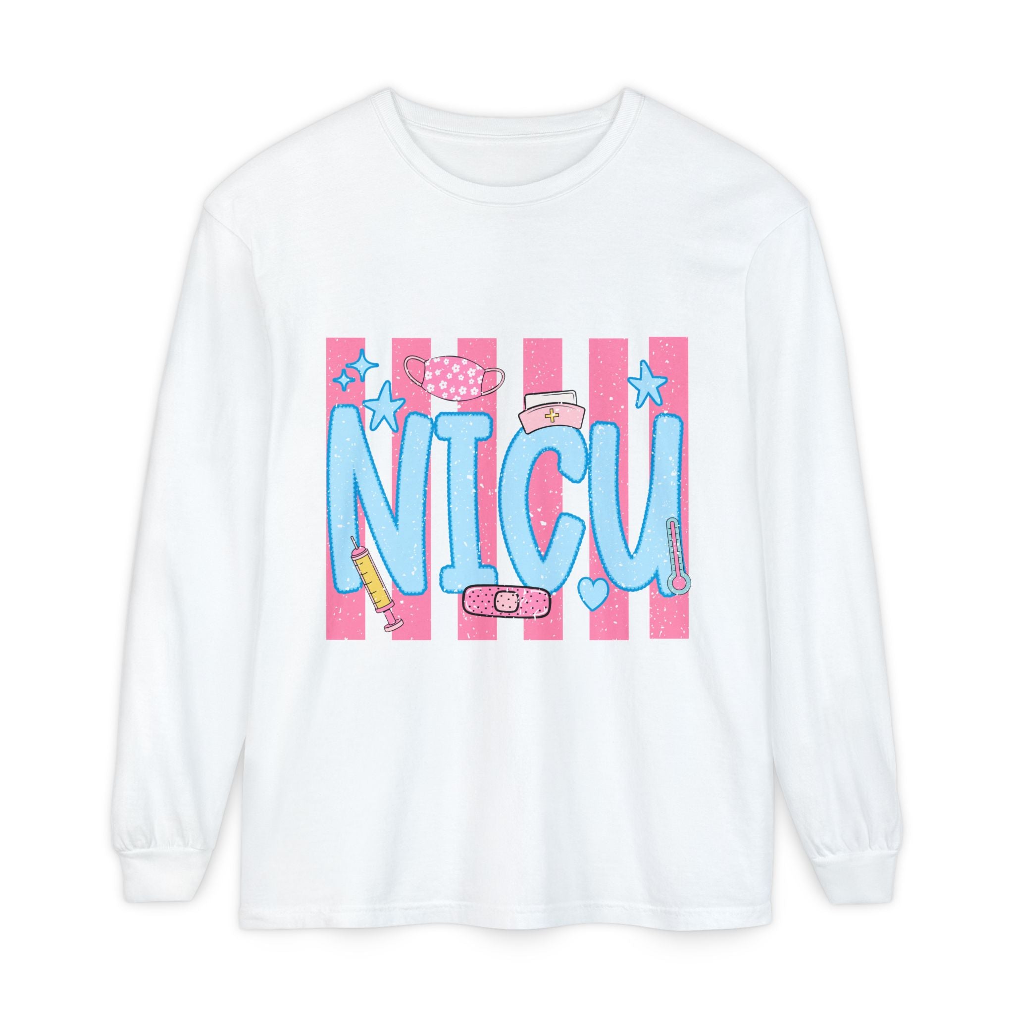NICU Support Long Sleeve Tee — Cute Pink Stripes & Bandage Design