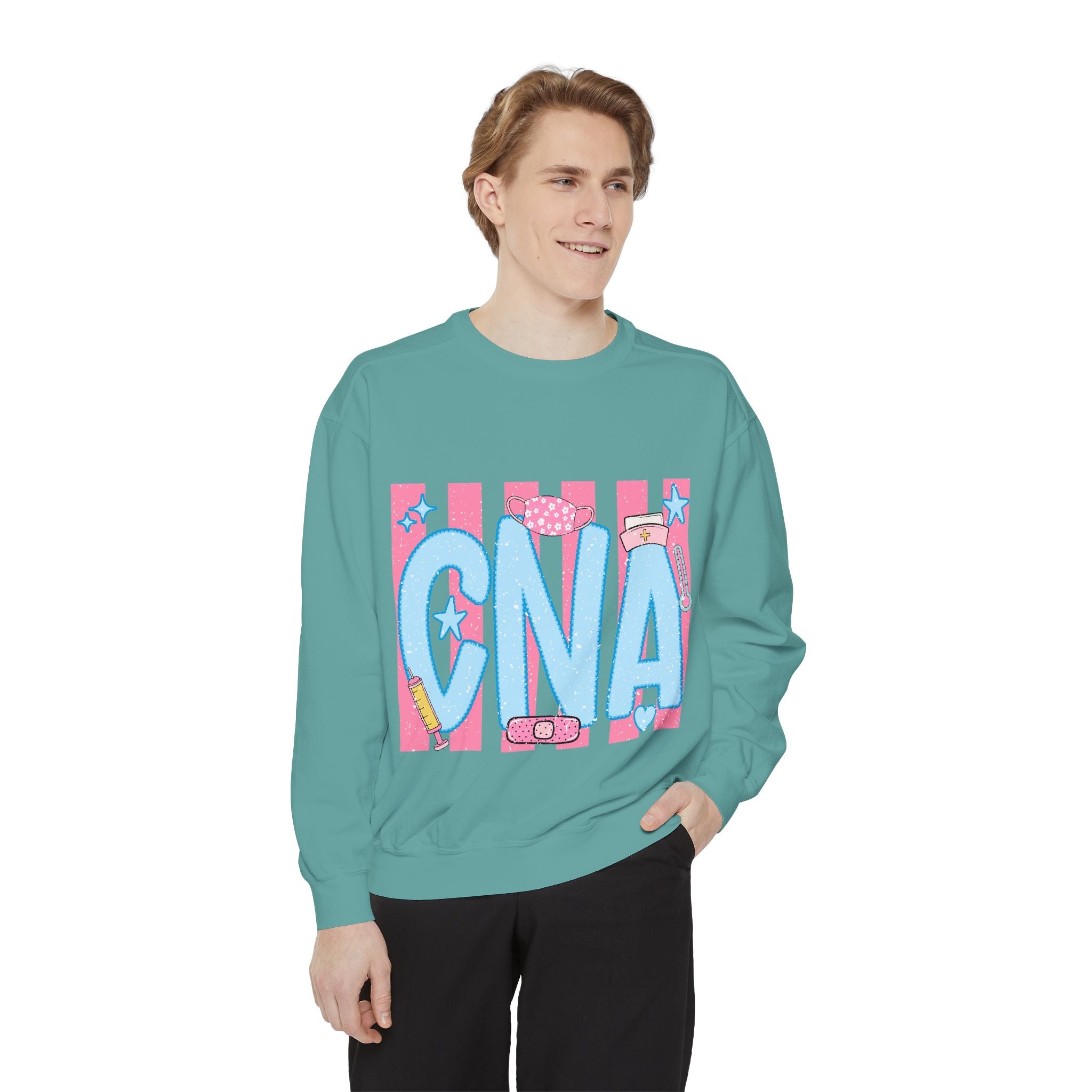 CNA Sparkle Graphic Sweatshirt — Pink & Blue Nurse Assistant Crewneck