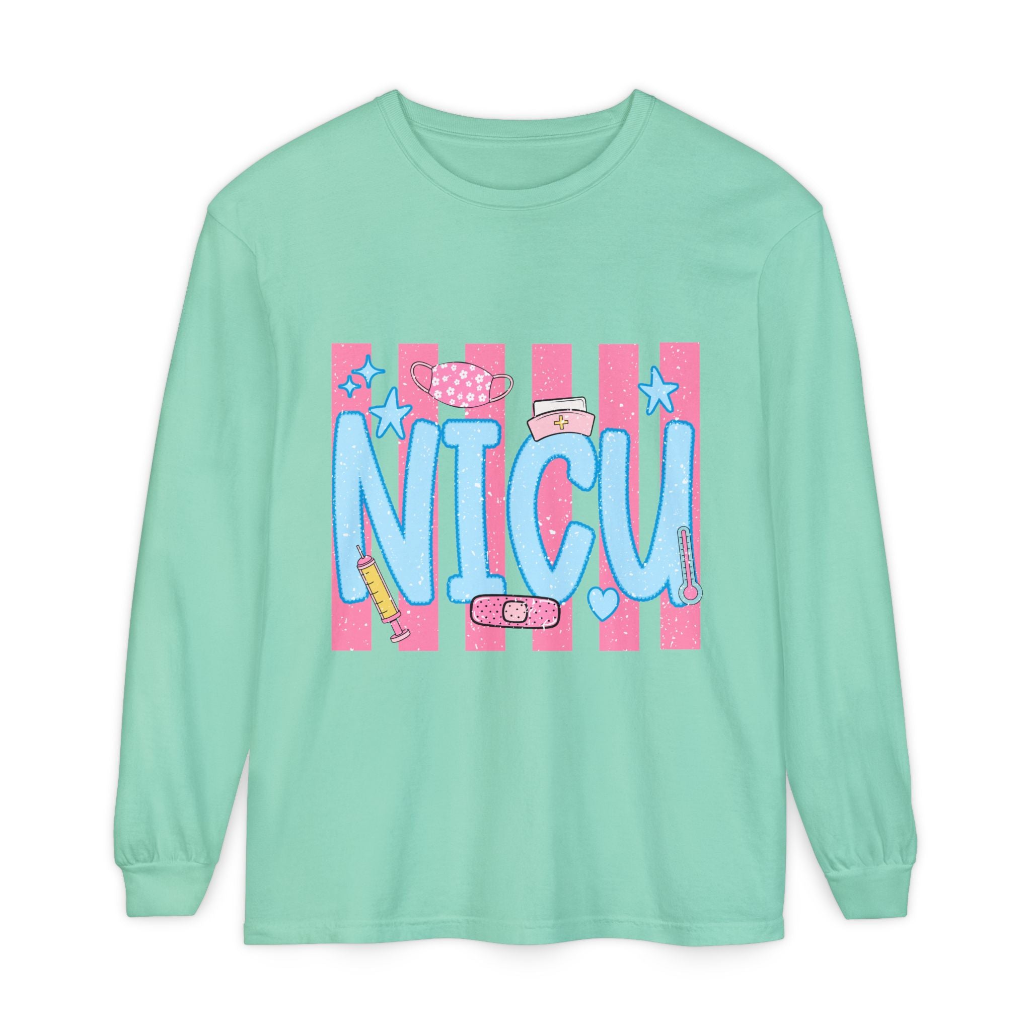 NICU Support Long Sleeve Tee — Cute Pink Stripes & Bandage Design