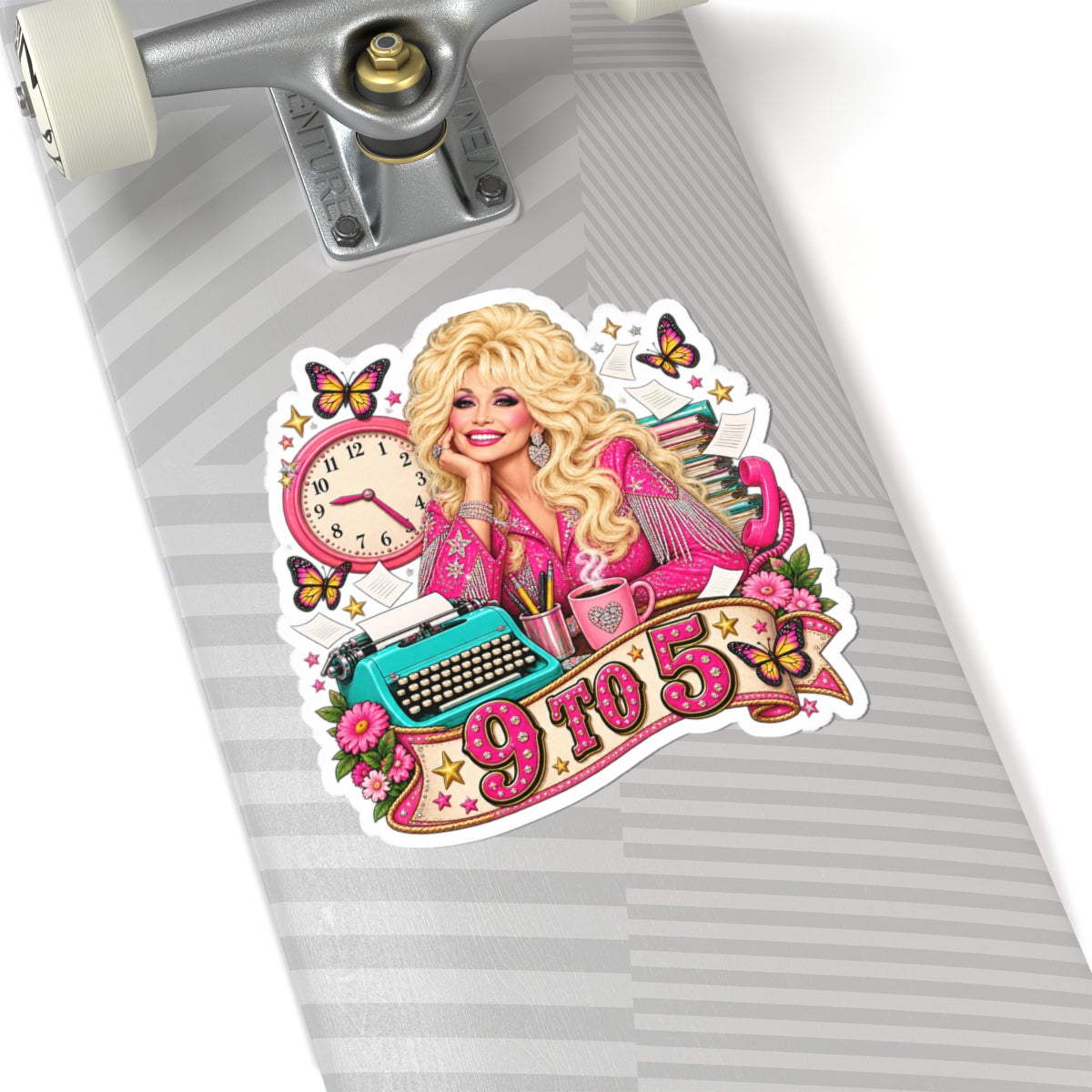 9 to 5 Dolly Sticker — Retro Office Vibe, Typewriter & Clock Decor