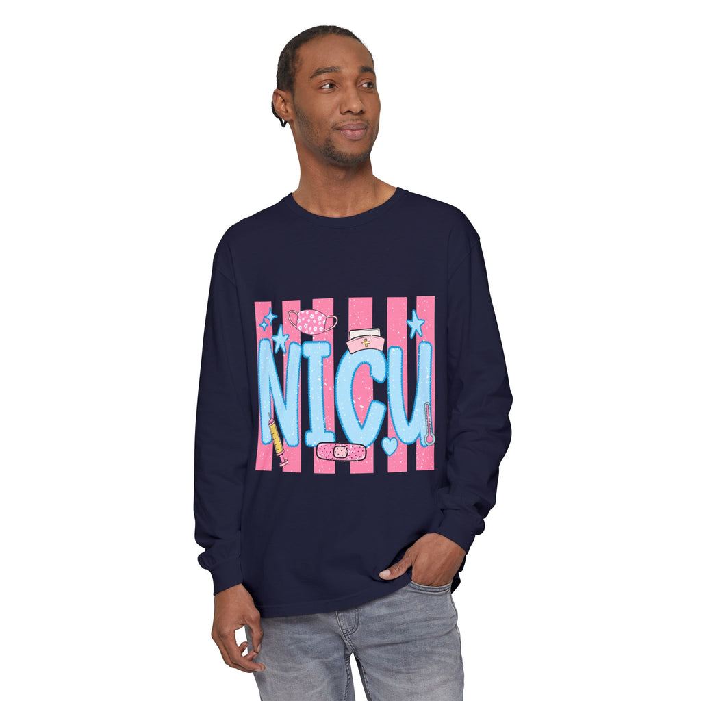 NICU Support Long Sleeve Tee — Cute Pink Stripes & Bandage Design