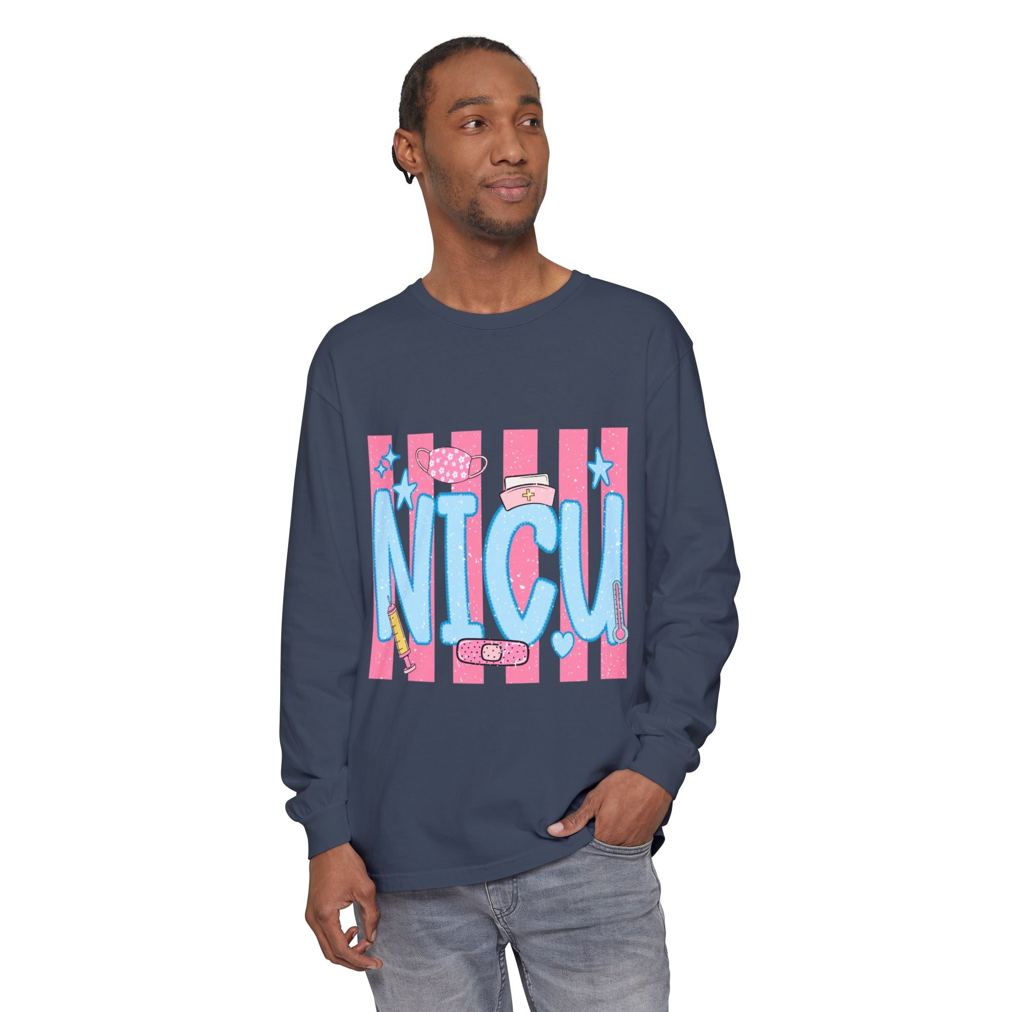 NICU Support Long Sleeve Tee — Cute Pink Stripes & Bandage Design