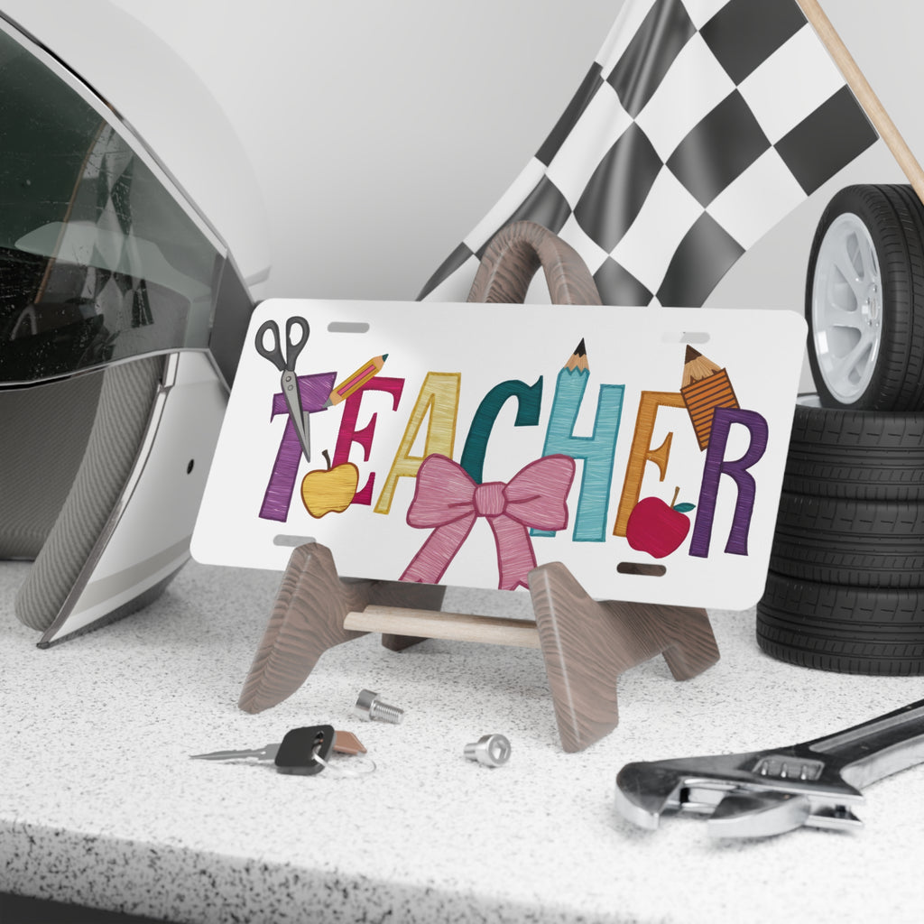 Teacher Vanity Plate — Colorful School Icons License Plate Gift