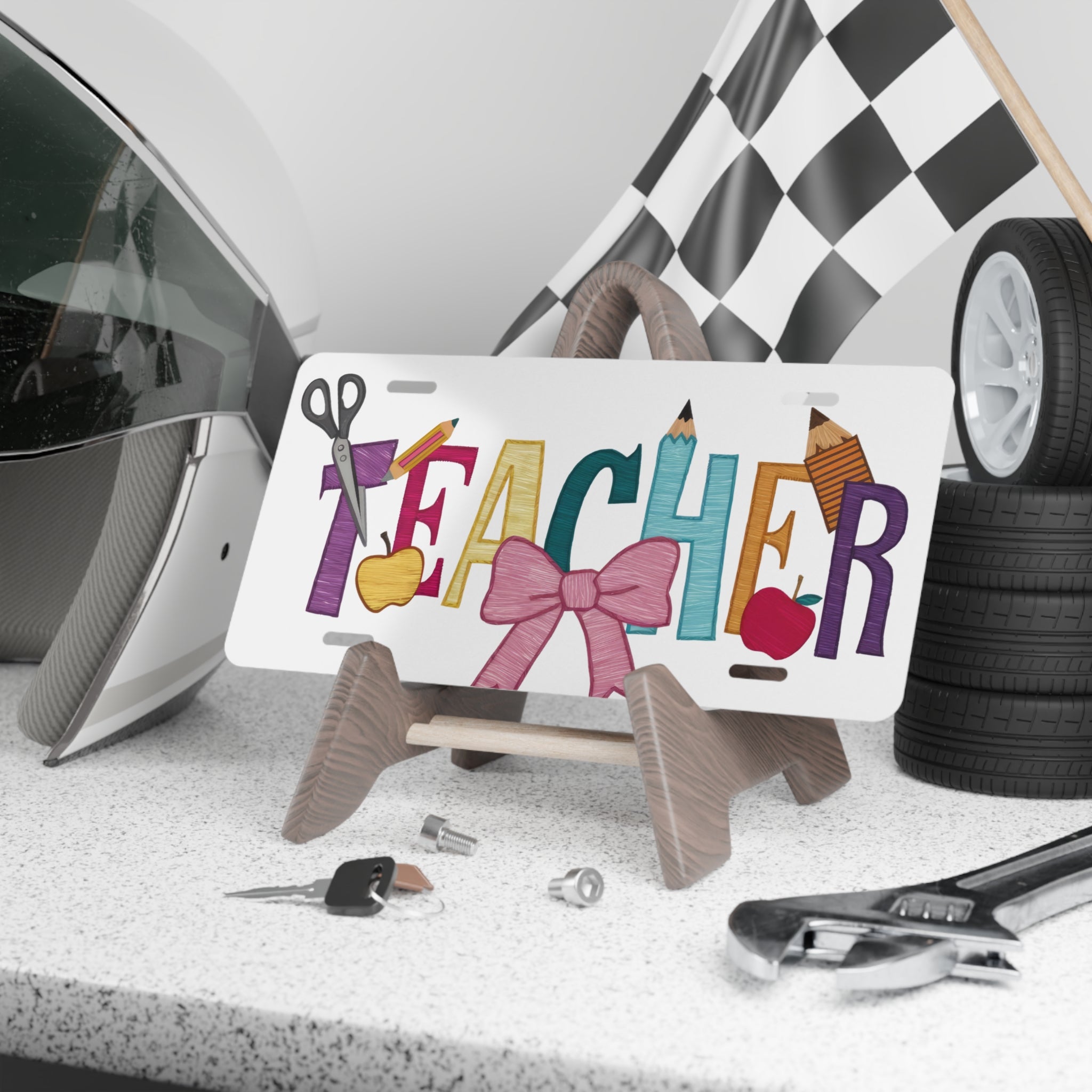 Teacher Vanity Plate — Colorful School Icons License Plate Gift