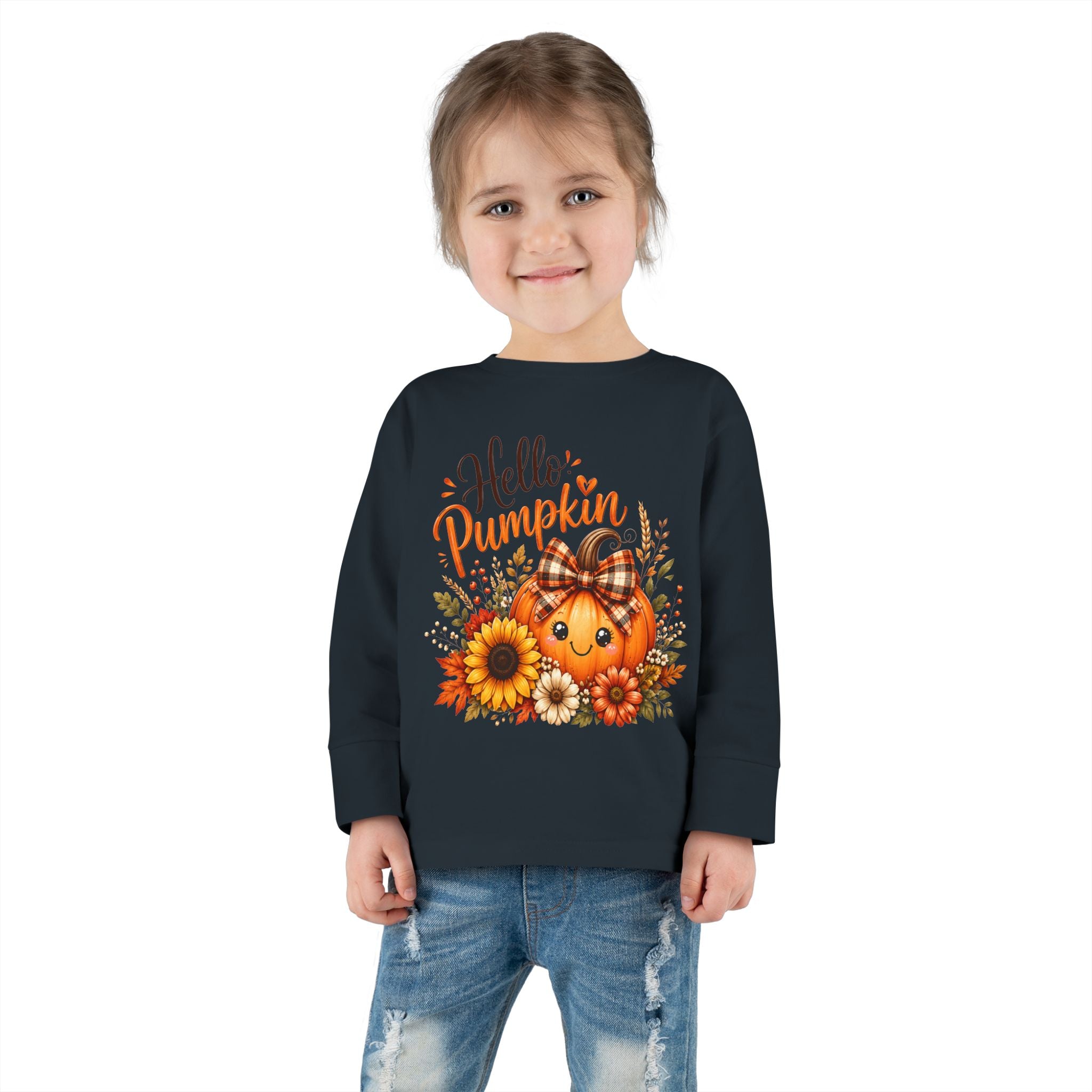Hello Pumpkin Toddler Long Sleeve Tee — Cute Fall Pumpkin Graphic